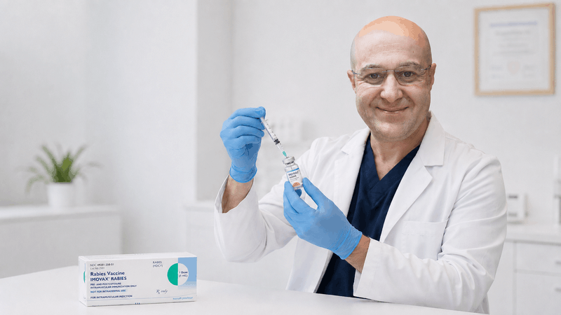 Dr. Slava Fuzayloff preparing the Imovax rabies vaccine for humans at Travel Clinic NY in Midtown Manhattan
